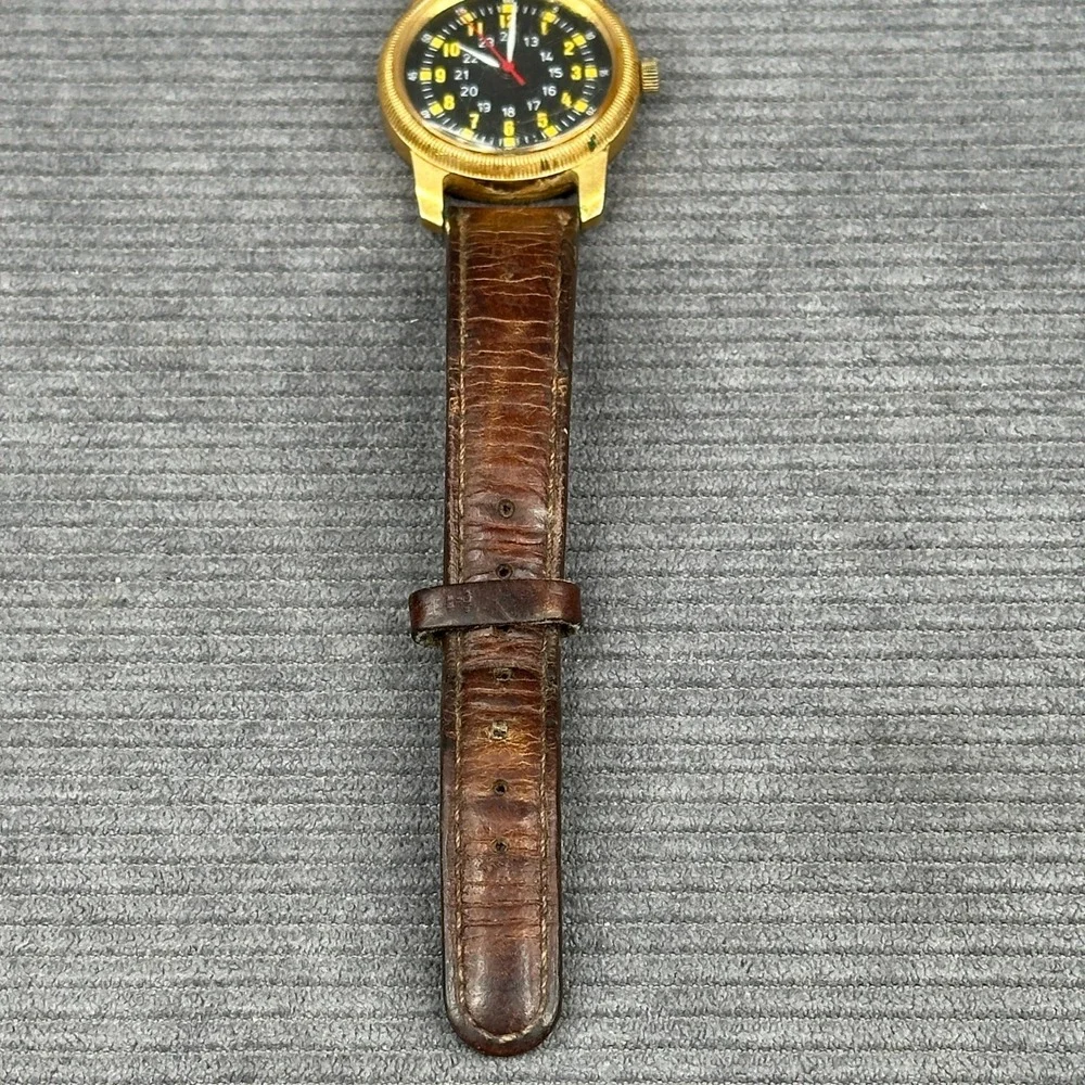 Vintage Military Field Watch Gold Tone Black Dial Japan Movt Brown Leather Strap